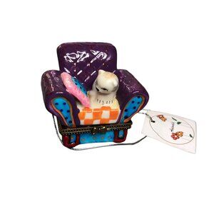 Gift Box Cat Chair Porcelain Hinged Trinket Present Jewelry Pill Purple Kitten
